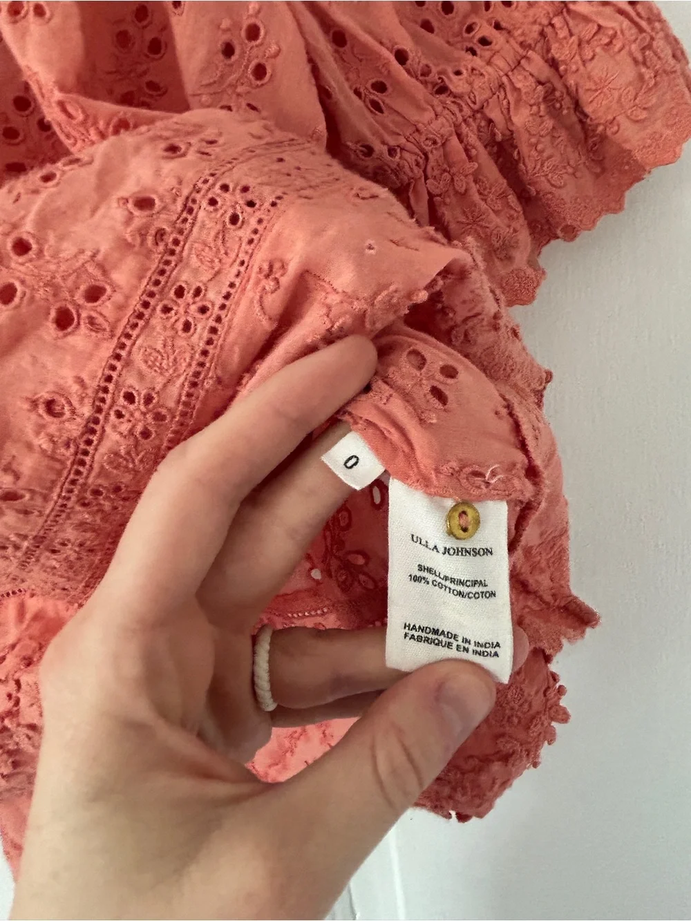 Ulla Johnson Fern Eyelet Puff Sleeve Blouse Coral size 0